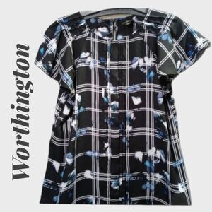 Worthington Black & Blue Floral Flutter Sleeve Short Sleeve Blouse